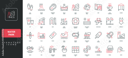 Water and aqua park pools and playground, ticket to attractions, fountain line icon set. Relax zone and sun lounger, inflatable tube and slide thin black and red outline symbols vector illustration