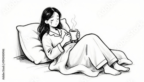 Sick woman resting on pillows, holding a cup of hot herbal tea, doodle style illustration
