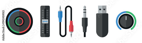 Set of audio equipment icons featuring knobs, a fader, cables, and a USB plug in a modern flat design style for digital interface and music production concepts