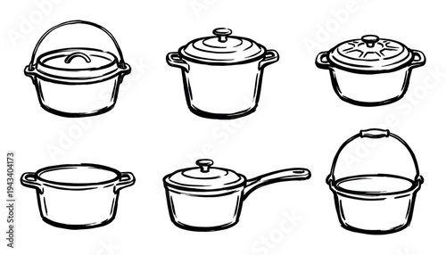 Set of six hand-drawn cooking pots and pans in a black and white sketch style, featuring various cookware like Dutch ovens, saucepans, and cauldrons for culinary design