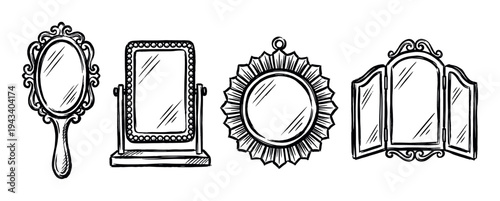 Set of four vintage hand-drawn mirrors in an ornate antique style, including a hand mirror, tabletop mirror, sunburst mirror, and a triptych dressing table mirror