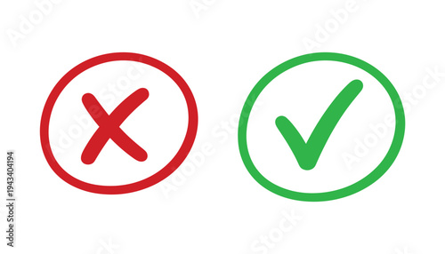 Red Cross Mark and Green Check Mark Inside Circles on White Background cancel