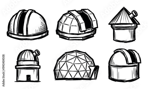 Collection of six hand-drawn observatory building icons in a sketchy black ink style for astronomy and science concepts, featuring various dome and telescope designs