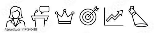Set of black line icons representing business success, leadership, and public speaking with symbols for a speaker, podium, crown, target, growth chart, and spotlight