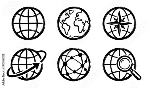 Set of six black globe icons in a hand-drawn brush stroke style representing internet, planet earth, navigation, network, search, and global business connections
