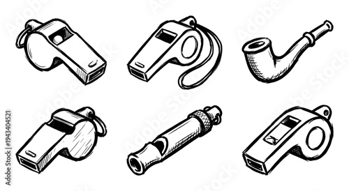 Hand-drawn set of various referee whistles and a classic smoking pipe, depicted in a black and white ink sketch style with expressive, rough lines and simple hatching details