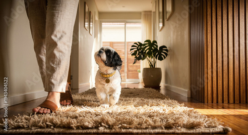 A Shih Tzu dog following its owner down the hallway - Um cão da raça Shih Tzu seguindo sua responsável pelo corredor
