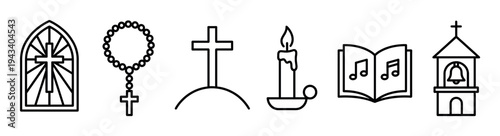 Set of Christian religious symbols in a minimalist black line art style, including a cross, rosary, church, candle, hymnal, and stained glass window for faith concepts
