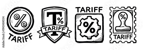 Hand-drawn tariff icon set with percentage symbols representing trade tax, customs duty, and financial import fees in a black and white sketch doodle illustration