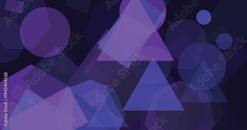 Abstract arrangement of purple geometric shapes circles triangles and squares on dark blue background backdrop