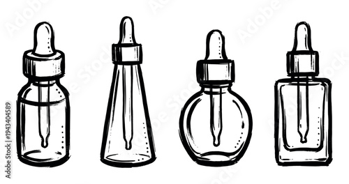 Set of hand-drawn cosmetic dropper bottles in a black ink brush style, featuring various shapes for serum, essential oil, or skincare products in a minimalist sketch illustration