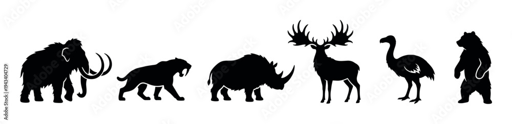 Fototapeta premium Collection of black prehistoric animal silhouettes including a mammoth, saber-toothed cat, woolly rhino, Irish elk, moa, and cave bear in a simple vector illustration style