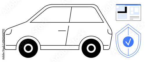 Automotive technology, cybersecurity, online privacy, transportation systems, car software security, secure browsing. Car outline with a web interface and shield. Automotive technology