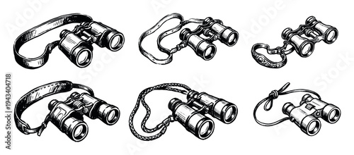 Set of six hand-drawn vintage binoculars in a detailed black and white sketch illustration style, featuring various retro optical equipment for observation and exploration