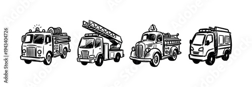 Set of four hand-drawn fire trucks in a black and white sketch style, showing a collection of vintage and modern emergency response vehicles including a ladder truck