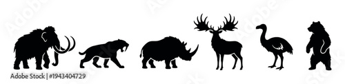 Collection of black prehistoric animal silhouettes including a mammoth, saber-toothed cat, woolly rhino, Irish elk, moa, and cave bear in a simple vector illustration style