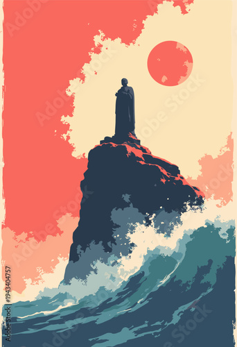 Vivekananda Rock Memorial, Kanyakumari solitary black monument surrounded violent, blocky geometric waves red cream Symbol endurance Propaganda aesthetic No text