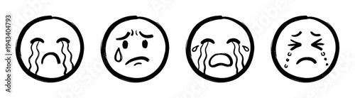 Four hand-drawn crying face icons in a black brush stroke style showing various expressions of sadness, grief, and despair in a simple doodle illustration set