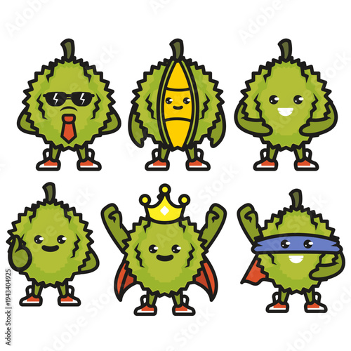 Set of cute durian fruit mascot designs.