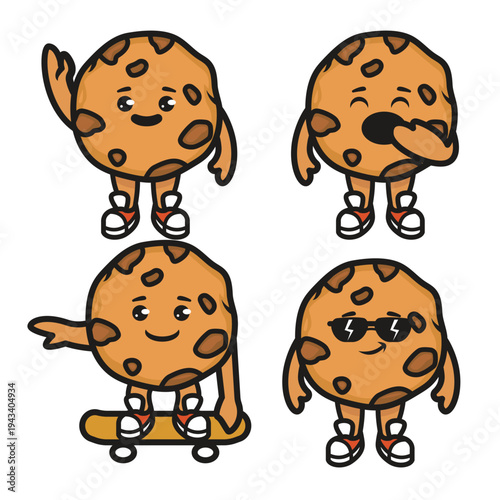 Set of cute choco chip cookies mascot designs.