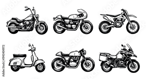 Six hand-drawn motorcycle and scooter illustrations in a black and white sketch style, featuring various models like a cruiser, cafe racer, and adventure bike