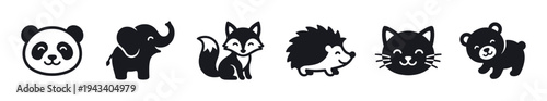 Set of six adorable black animal silhouettes including a panda, elephant, fox, hedgehog, cat, and bear, designed in a charming and minimalist flat graphic illustration style