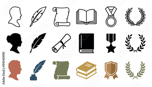 Collection of historical and academic icons featuring human silhouettes, quill pens, scrolls, books, medals, and laurel wreaths in various outline, silhouette, and color styles