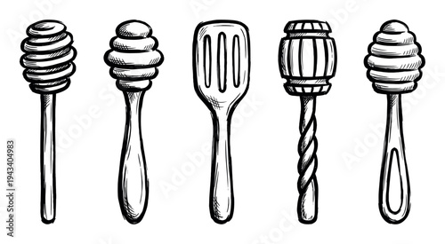 Set of hand-drawn honey dippers and spoons in a black and white sketch style, featuring various wooden kitchen utensil designs for serving sweet liquid nectar or syrup