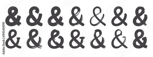 Row of Fifteen Dark Gray Brush Stroke Ampersand Symbols on White Background typography
