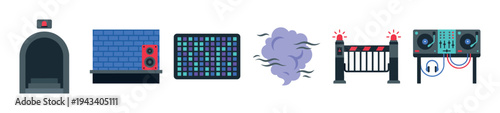 Collection of colorful flat vector icons representing nightclub and music party elements like a DJ deck, speaker, entrance, security barrier, smoke, and light panel
