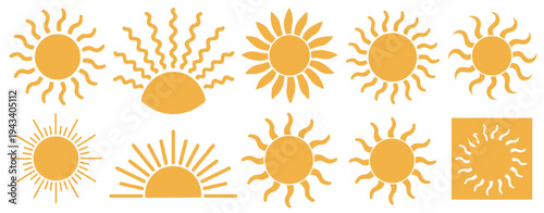 Assortment of stylized sun icons in a warm orange hue symbol