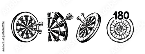 Collection of four hand-drawn dartboard illustrations in a black and white sketch style, depicting targets with arrows, a bullseye hit, and a perfect 180 score