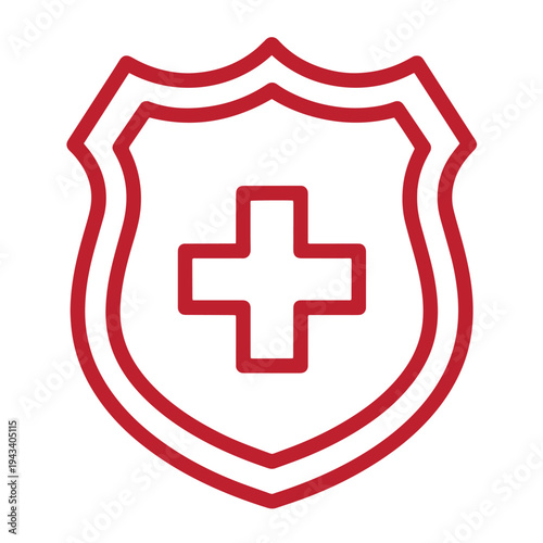 Red shield with a cross in the center for protection and medical care services symbol  health and safety icon