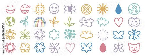 Diverse collection of colorful hand-drawn doodle icons and symbols vector illustration