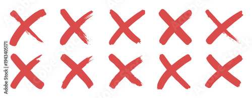 Collection of Ten Red Hand Drawn X Marks on White Background cross symbol