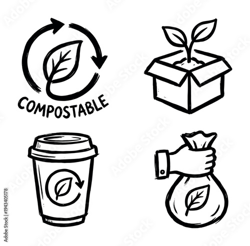 Set of four hand-drawn eco-friendly icons representing compostable materials, sustainable packaging, a biodegradable coffee cup, and a waste bag in a simple sketch style