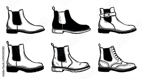Collection of six hand-drawn boots in various styles, including Chelsea and brogue designs, presented in a black and white ink sketch illustration style for fashion concepts