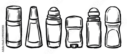 Collection of hand-drawn deodorant containers in a sketchy doodle style showing various types of antiperspirant bottles like roll-on and stick applicators in a row