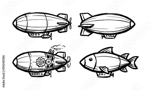 Set of four hand-drawn airships in a black ink sketch style, including a steampunk dirigible with gears and a whimsical fantasy fish-shaped blimp design element