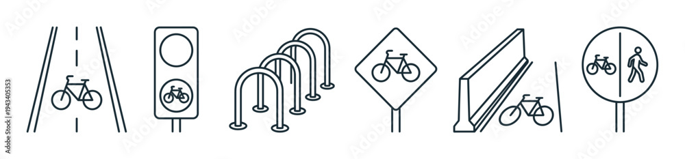 Fototapeta premium Set of bicycle infrastructure line icons showing a bike lane, traffic light, parking rack, road sign, and shared path for urban cycling and transportation safety