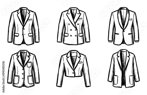 Set of six black and white blazer illustrations in a sketchy, hand-drawn ink style showing various designs of formal, business, and casual fashion outerwear
