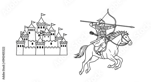Medieval Castle and Archer on Horseback - Line Art Illustration