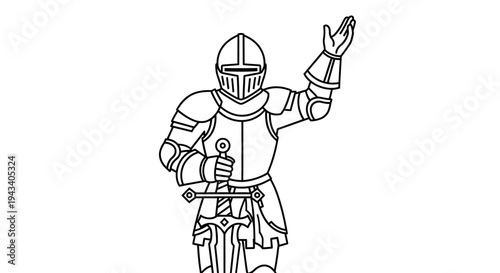 Medieval Knight in Full Armor Holding Sword, Waving Hand - Line Art Illustration
