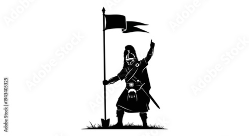 Medieval Warrior Raising Flag on Battlefield