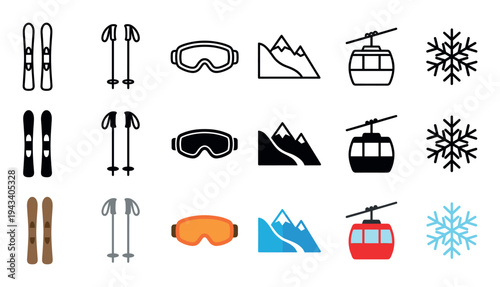 Skiing and winter sports icon set showing skis, poles, goggles, mountains, gondola, and a snowflake in three different styles: outline, solid glyph, and flat color design