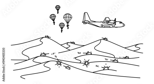 Military air drop operation with paratroopers and ground combat in desert landscape