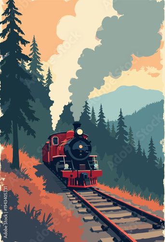 Nilgiri Mountain Railway vintage steam locomotive powering uphill through sharp, angled pine forest Heavy industrial smoke Red, black, cream art Room copy