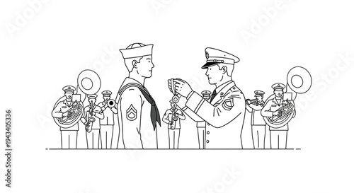 Military Ceremony: Officer Awards Medal to Sailor, Band Plays
