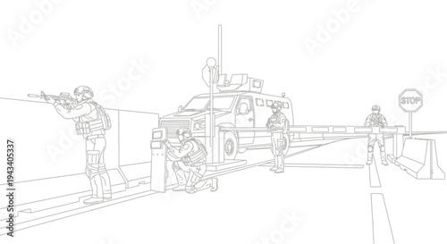Military checkpoint with soldiers and armored vehicle, security operation, border control, armed forces