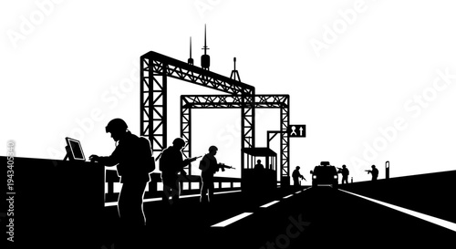 Military Checkpoint Silhouette: Soldiers Guarding Road with Vehicle and Technology